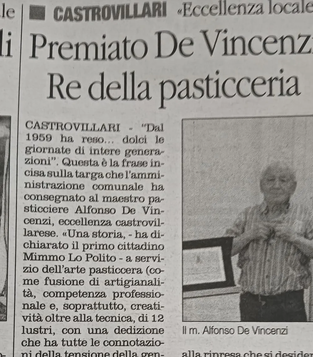 Articolo del Quotidiano del Sud del 13 dicembre 2020: Premiato De Vincenzi, re della pasticceria